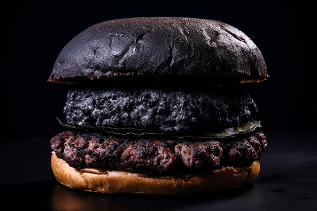 Pyszny i soczystego czarnego hamburgera z dużym kotletem mięsa na czarnym tle