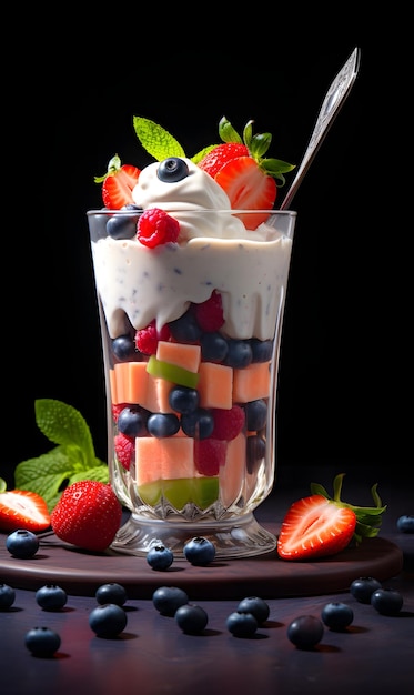 Pyszny jogurt ze świeżymi jagodami w szklance na ciemnym tle