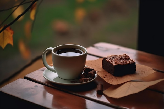 Pyszny kawałek ciastka wraz ze smaczną gorącą kawą lub cappuccino na drewnianym stole w kawiarni lub restauracji generatywnej ai
