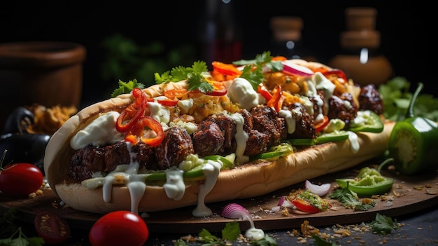 Zdjęcie pyszny kebab pełen mięsa i warzyw czarne i niewyraźne tło