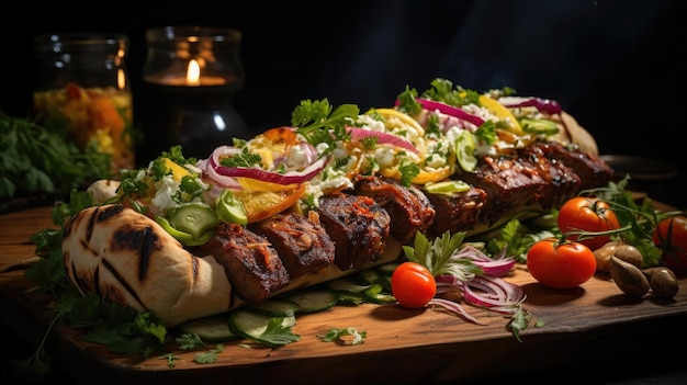 Pyszny kebab pełen mięsa i warzyw czarne i niewyraźne tło