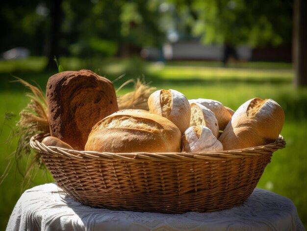 Pyszny kosz piknikowy wypełniony świeżymi owocami, organicznym chlebem i zdrowymi opcjami odżywiania w naturze