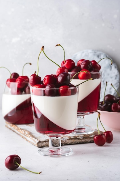 Pyszny letni deser panna cotta z wiśniami i galaretką wiśniową