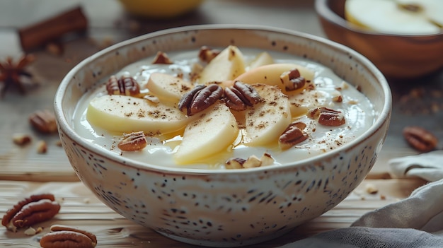 Pyszny owsiany płatek z jabłkami i orzechami pecan na wiejskim drewnianym stole