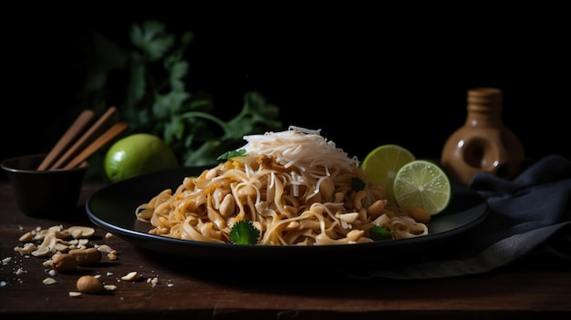 Pyszny Pad Thai w trybie ciemnym Kuszący tajski makaron o bogatych smakach i nastrojowej estetyce