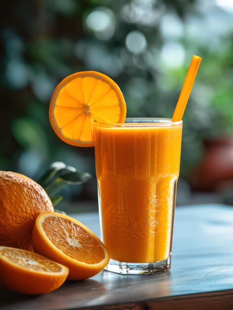 Zdjęcie pyszny pomarańczowy smoothie na stole.