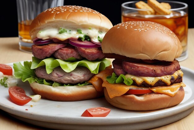 Pyszny potrójnie mięsny burger z boczkiem i żółtym serem w towarzystwie butelki zimnego napoju o