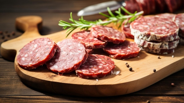 Pyszny produkt mięsny salami Fotorealistyczne tło poziome Pikantne jedzenie dla smakoszy Przekąska AI Wygenerowane tło z copyspace Delikatesy Produkt mięsny salami