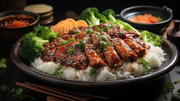 Pyszny ryż Teriyaki na talerzu z niewyraźnym tłem