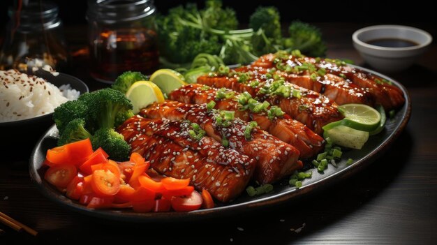 Pyszny ryż teriyaki na talerzu z rozmytym tłem