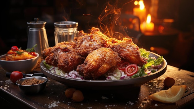 Zdjęcie pyszny smażony kurczak z słodko-kwaśnym sosem na drewnianym stole z niewyraźnym tłem