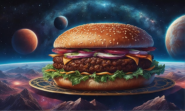 Zdjęcie pyszny soczysty hamburger w tle przestrzeni kosmicznej generacyjna ai