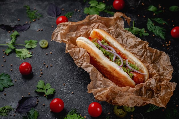 Pyszny soczysty hot dog z sosem serowym, pomidorem i świeżymi ziołami w asortymencie, kanapka w menu restauracji fast food na ciemnym kamiennym stole. Zdrowa opcja fast foodów.