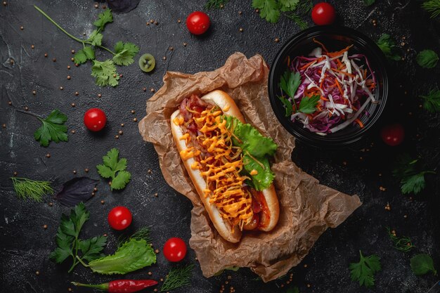 Pyszny soczysty hot dog z sosem serowym, pomidorem i świeżymi ziołami w asortymencie, kanapka w menu restauracji fast food na ciemnym kamiennym stole. Zdrowa opcja fast foodów.