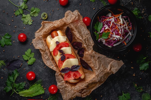 Pyszny Soczysty Hot Dog Z Sosem Serowym, Pomidorem I świeżymi Ziołami W Asortymencie, Kanapka W Menu Restauracji Fast Food Na Ciemnym Kamiennym Stole. Zdrowa Opcja Fast Foodów.