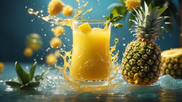 Pyszny sok ananasowy unoszący się w powietrzu Profesjonalna fotografia kinowego napoju