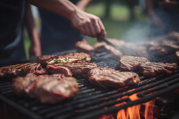 Pyszny stek wołowy na grillu z dymem i płomieniami Generatywna sztuczna inteligencja