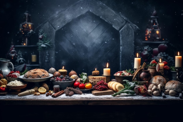 Pyszny stół obiadowy o tematyce bożonarodzeniowej z pieczeniem przekąsek i deserów Koncepcja wakacji