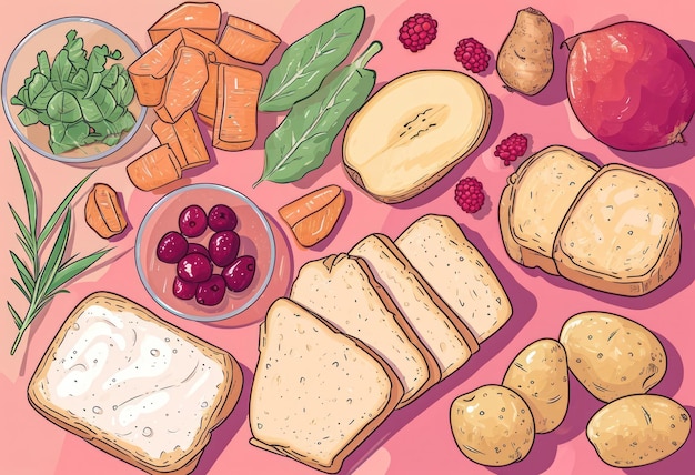 Pyszny świeżo upieczony chleb na drewnianym stole Pyszny posiłek piekarniowy Ilustracja szkicu ze zdrowymi składnikami ekologicznymi