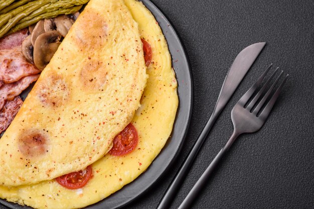 Zdjęcie pyszny świeży omlet z pomidorami koktajlowymi, bekonem, szparagami i przyprawami