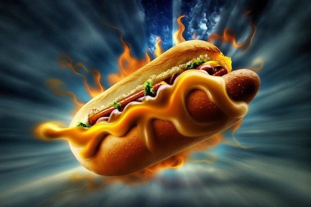 Pyszny, świeży, soczysty hot dog w stylu kreskówki Menu projektowania fast foodów z ulicy Generative AI