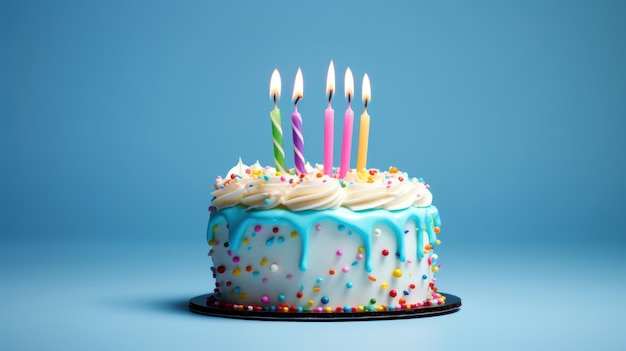 Pyszny tort urodzinowy ozdobiony białym lukrem ze świecą na świetle izolowanym na niebiesko