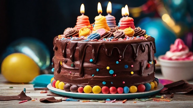 Pyszny tort urodzinowy z czekoladową glazurą i śmietaną