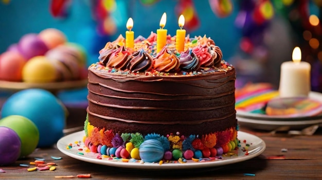 Pyszny tort urodzinowy z czekoladową glazurą i śmietaną
