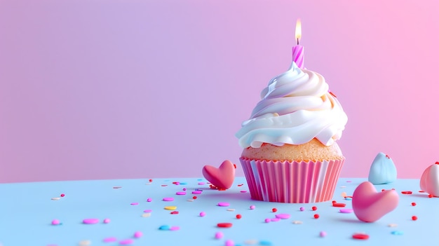 Pyszny tort urodzinowy z pojedynczą zapaloną świecą różowy pastelowy tło słodki koncept uroczystości styl dekoracji idealny dla zaproszeń na imprezy AI