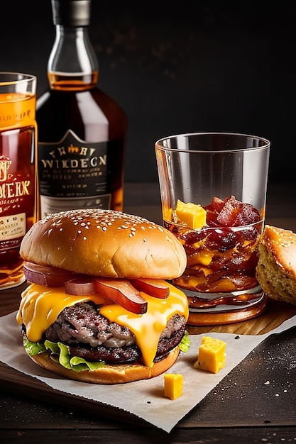 pyszny trzymięsny burger z bekonem i żółtym serem w towarzystwie szklanki whisky