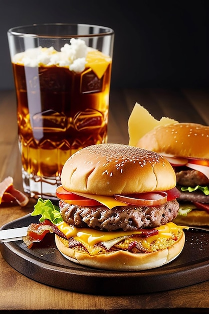 pyszny trzymięsny burger z bekonem i żółtym serem w towarzystwie szklanki whisky