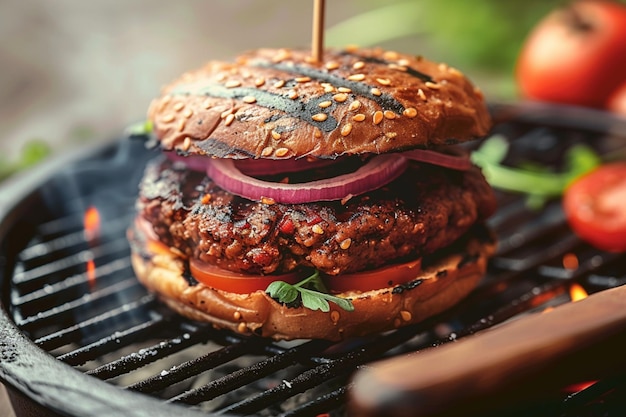 Pyszny wegetariański hamburger wypełniony świeżymi, smacznymi składnikami.