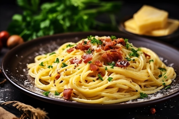 Pyszny włoski makaron carbonara podany na talerzu