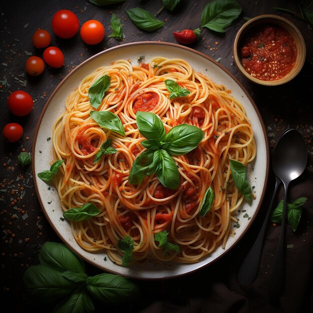 Pyszny włoski makaron spaghetti z pysznymi dodatkami