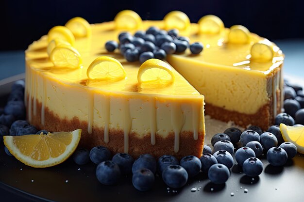 pyszny żółty cytryna borówka cheesecake gąbka ciasto borówki plasterki cytryny