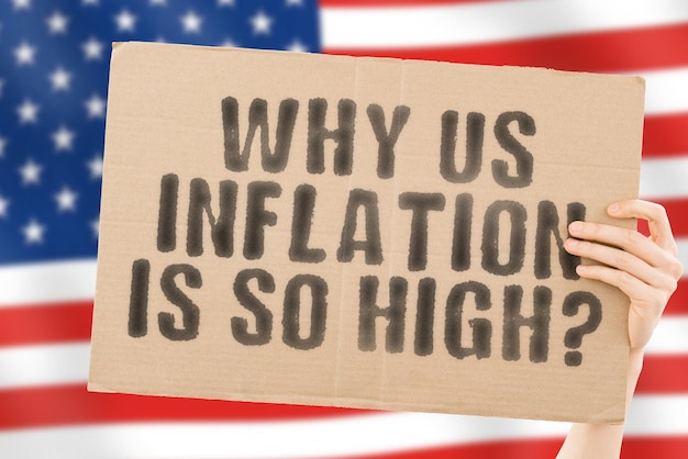 Pytanie „Dlaczego inflacja w USA jest tak wysoka?” na banerze w męskiej dłoni z zamazaną amerykańską flagą w tle. Katastrofa. Gospodarczy. Strach. Rząd. Panika. Wskaźnik. Zysk. Bezpieczeństwo. Awaria