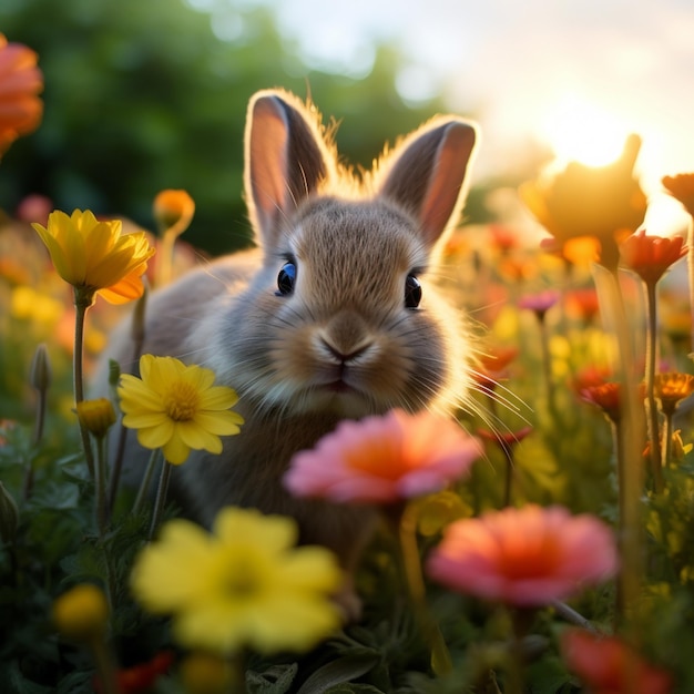 Pyzaty śliczny królik w polu kwiaty