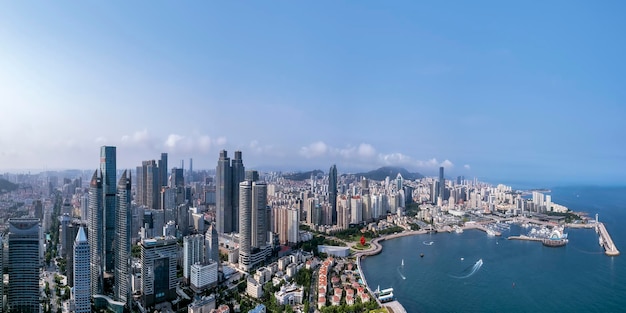 Qingdao Fushan Bay Centrum Finansowe Budynek Krajobraz Skyline Fotografia Lotnicza