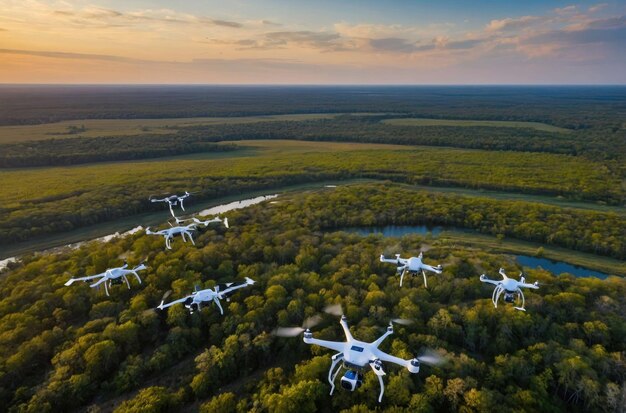 Zdjęcie quadcopter drone in flight over forest