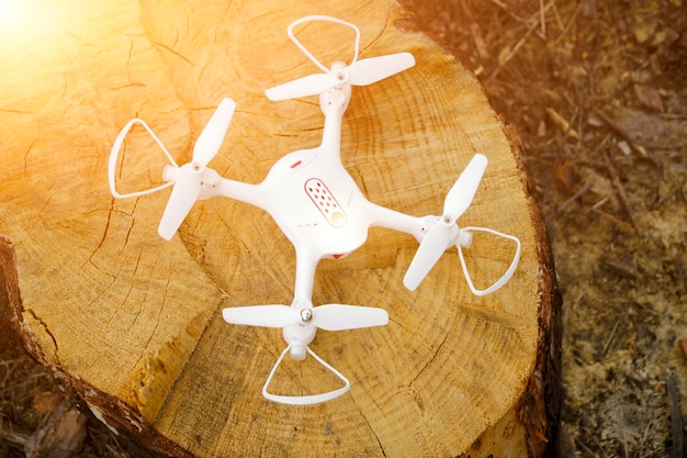 Quadcopter wylądował na pniu w lesie