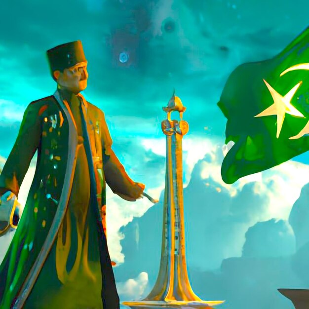 Quaid e Azam stoi z flagą Pakistanu.