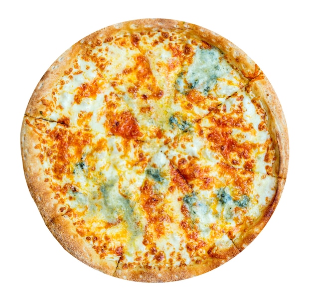 Quattro formaggi włoska pizza z czterema rodzajami sera na białym tle. Mozzarella, ser pleśniowy, chedder, parmezan. Widok z góry.