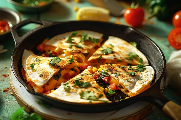 Quesadilla z serem w żeliwnej patelni z sosem pomidorowym