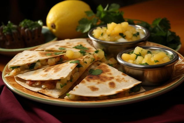 Quesadillas podawane z dodatkiem pikantnego ananasowego mango