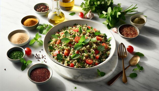 Quinoa Tabbouleh z świeżymi ziołami na marmurowym liczniku