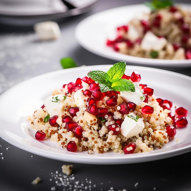 Quinoa z fetą i granatem na talerzu