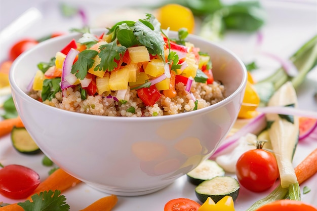 Quinoa z sosem ananasowym, warzywami i szpinakiem