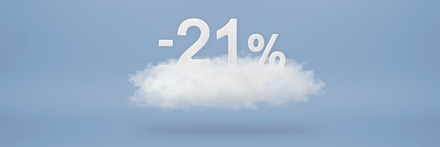 Rabat 21 procent Duże rabaty wyprzedaż do dwudziestu jeden procent Liczby 3D unoszą się na chmurze na niebieskim tle Kopia przestrzeń Baner reklamowy i plakat do wstawienia do projektu