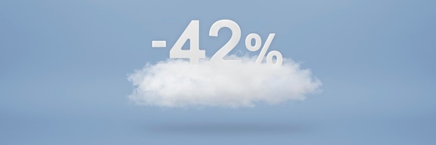Rabat procentowy duże rabaty wyprzedaż do czterdziestu dwóch procent d liczby unoszą się na chmurze na niebieskim ba