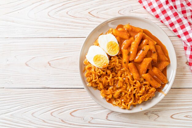 Rabokki (Ramen lub koreański makaron instant i Tteokbokki) w pikantnym koreańskim sosie - koreański styl jedzenia